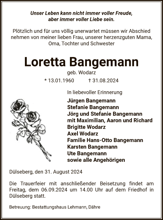 Todesanzeige von Loretta Bangemann von UEL