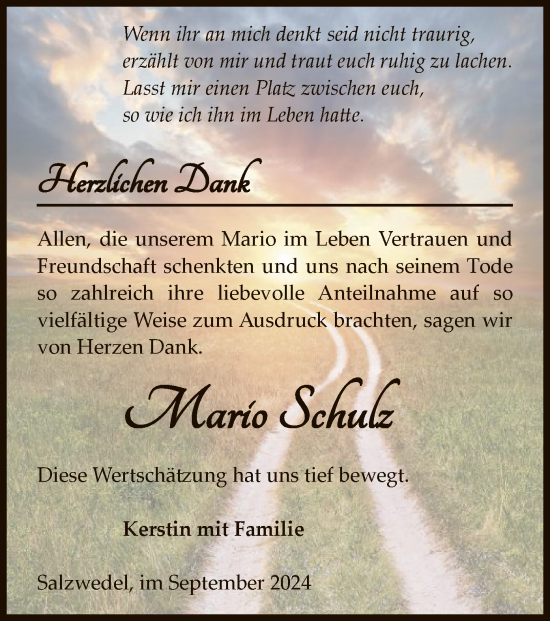 Todesanzeige von Mario Schulz von UEL