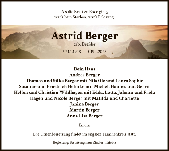 Todesanzeige von Astrid Berger von UEL