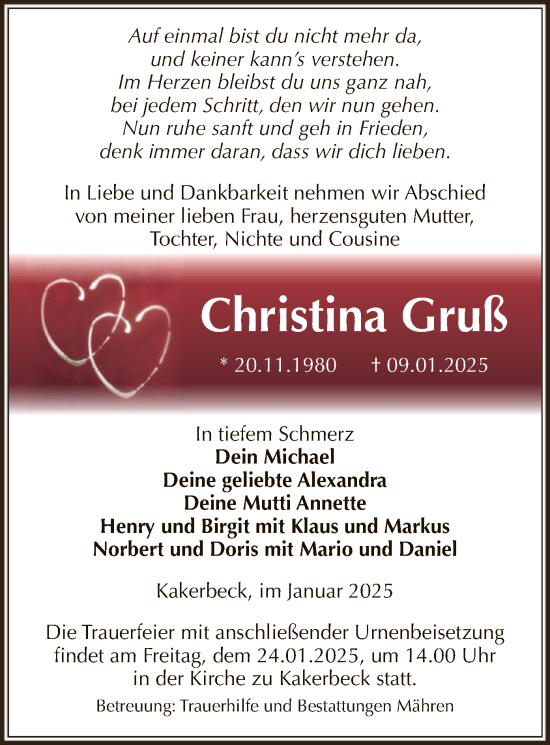 Todesanzeige von Christina Gruß von UEL