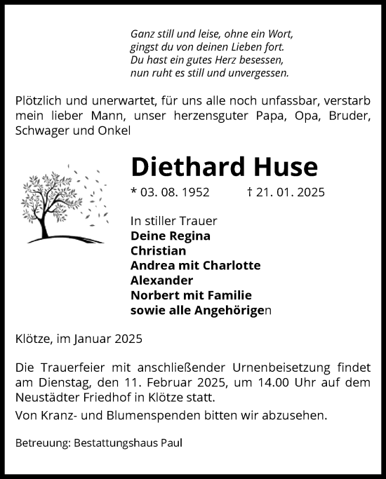 Todesanzeige von Diethard Huse von UEL