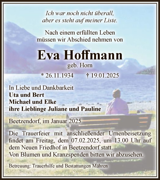 Todesanzeige von Eva Hoffmann von UEL