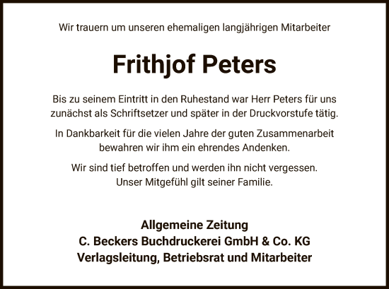 Todesanzeige von Frithjof Peters von UEL