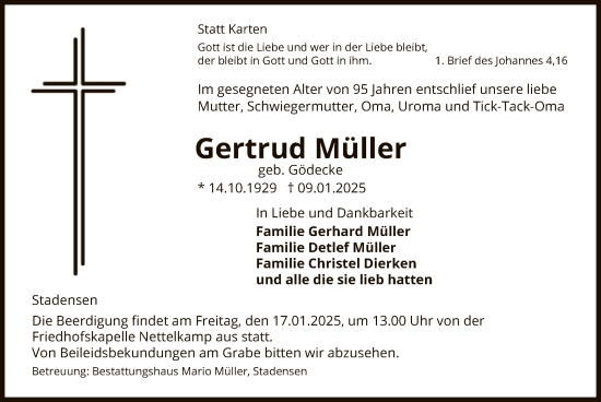 Todesanzeige von Gertrud Müller von UEL