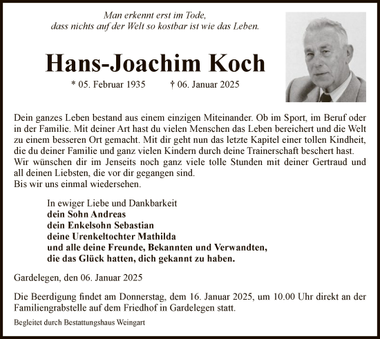 Todesanzeige von Hans-Joachim Koch von UEL