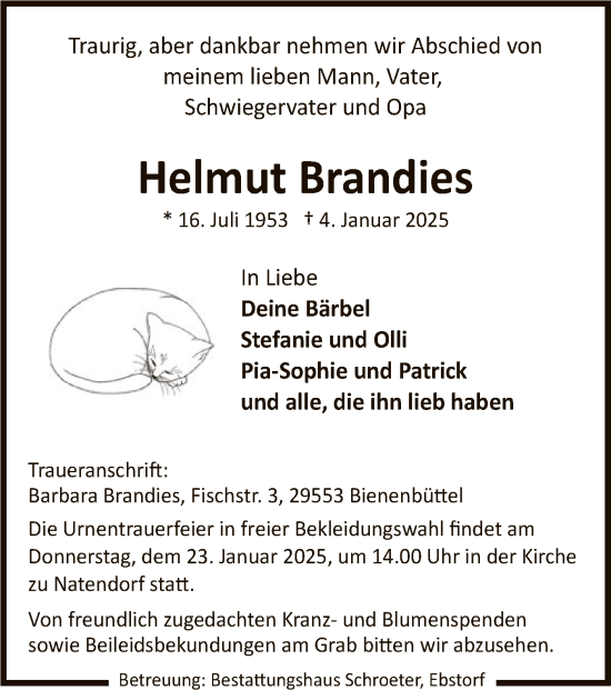 Todesanzeige von Helmut Brandies von UEL