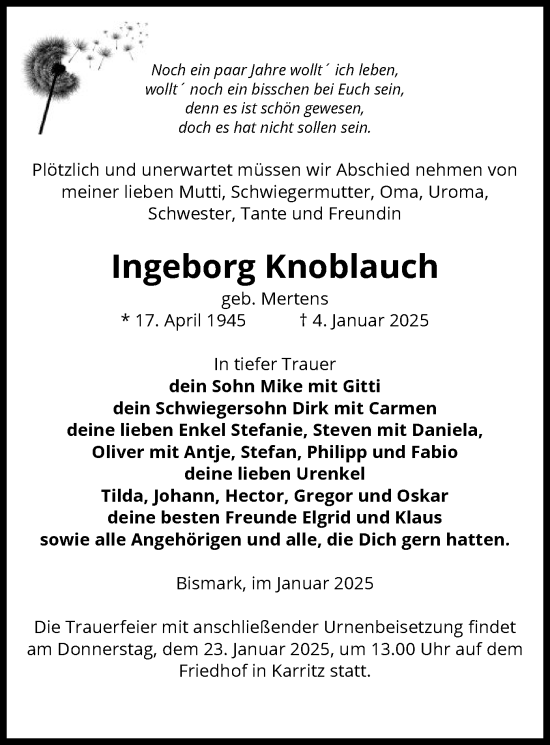 Todesanzeige von Ingeborg Knoblauch von UEL