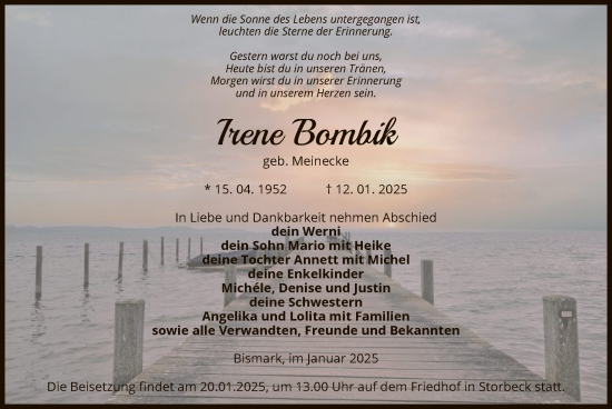 Todesanzeige von Irene Bombik von UEL