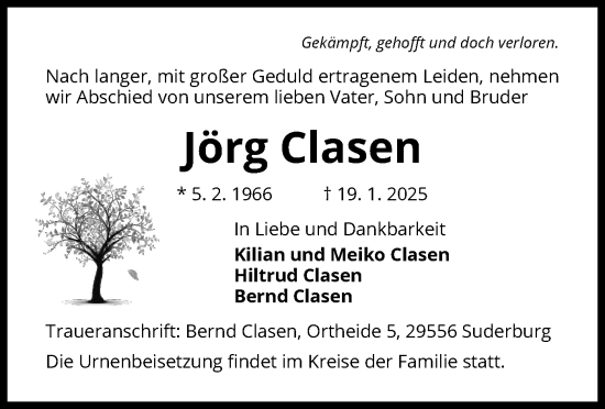 Todesanzeige von Jörg Clasen von UEL