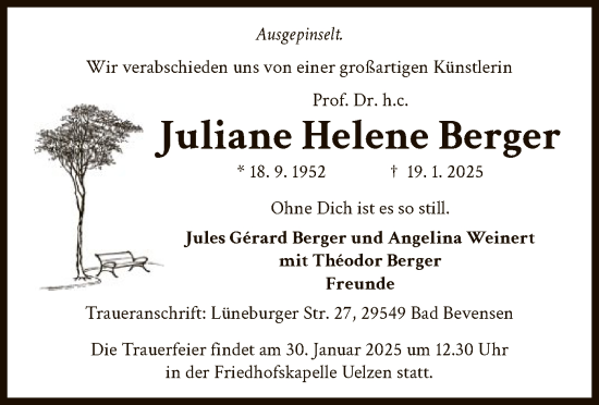 Todesanzeige von Juliane Helene Berger von UEL