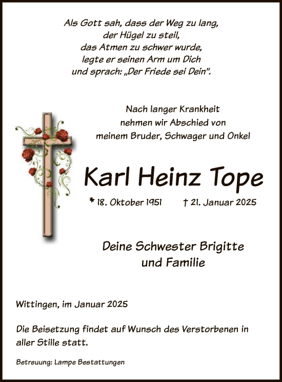 Todesanzeige von Karl Heinz Tope von UEL