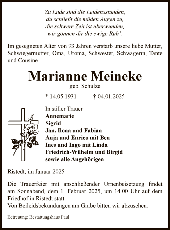 Todesanzeige von Marianne Meineke von UEL