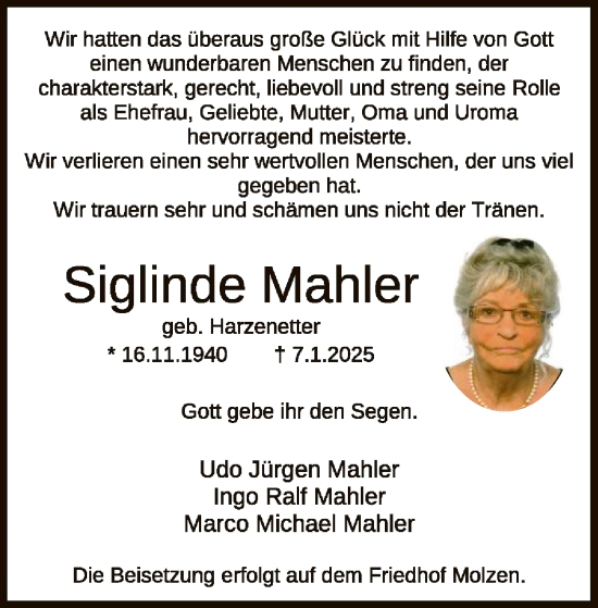 Todesanzeige von Siglinde Mahler von UEL