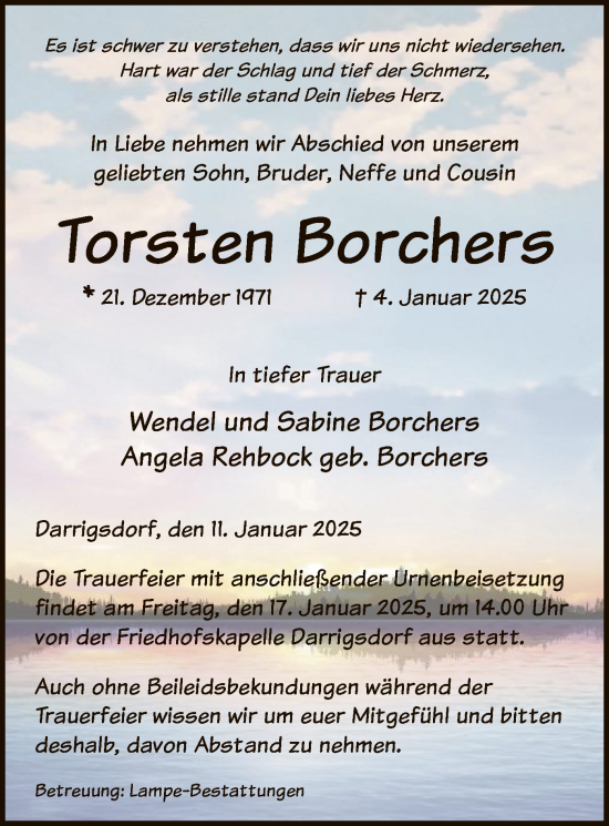 Todesanzeige von Torsten Borchers von UEL