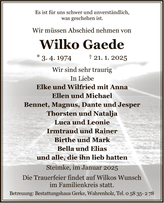 Todesanzeige von Wilko Gaede von UEL