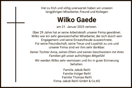 Todesanzeige von Wilko Gaede von UEL